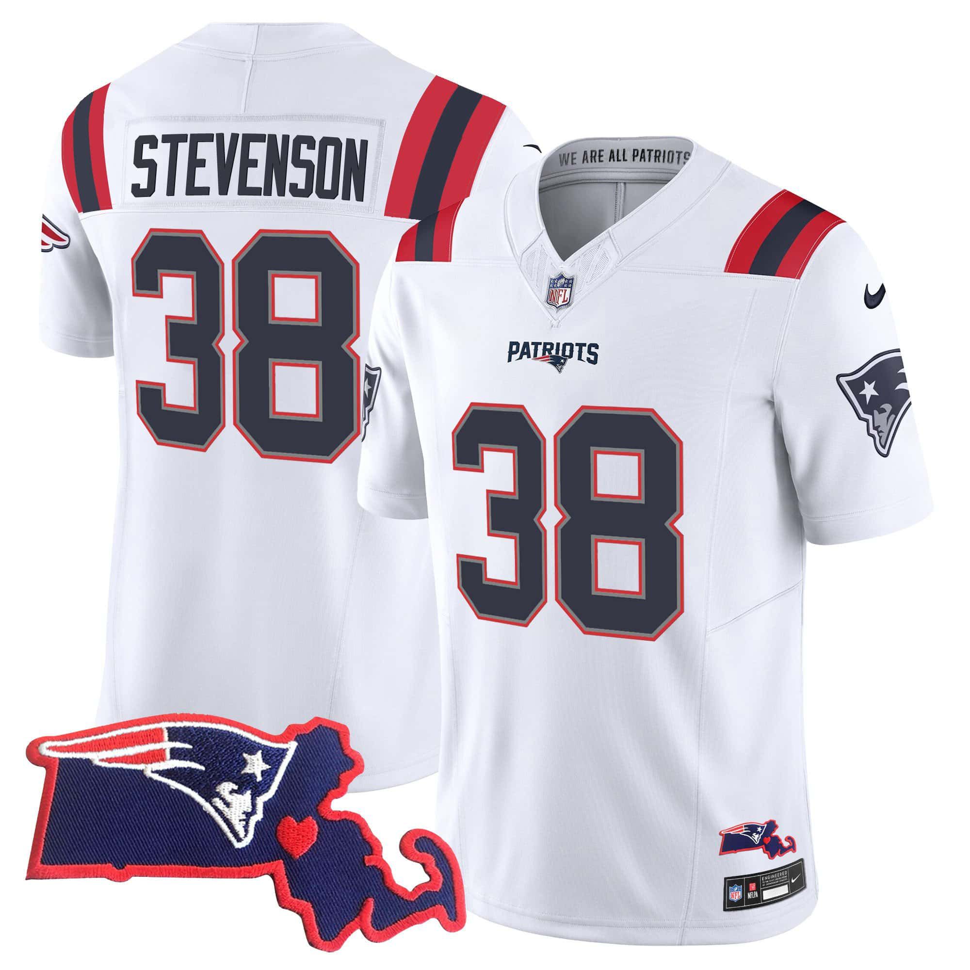 Men New England Patriots 38 Stevenson White 2024 Nike Patch Vapor Limited NFL Jersey